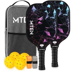 New Mten Pickleball Paddle Set. Fiberglass. 2 Paddles, Balls, Carry Case