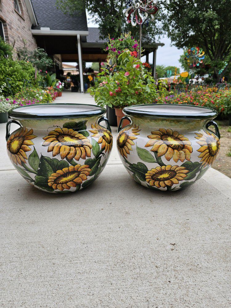 Authentic Mayolica Talavera Green Sunflower Clay Pots (Planters) Plants. Pottery $65 cada una.