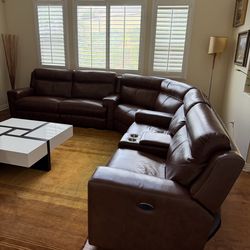 Brown Real Leather Reclining Sectional Couch