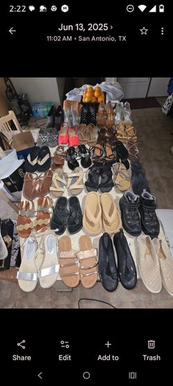 Large assortment of ladies shoes, sandals.