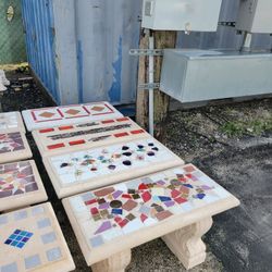 Concrete Mosaic Straight Benches / Cement Backyard Garden Patio Bench / Outdoor Patio Furniture