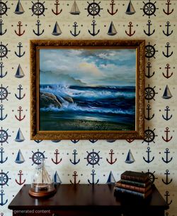 Mid-to-late 20th-century dramatic coastal seascape oil painting by R.Hansen 27.5"×23"