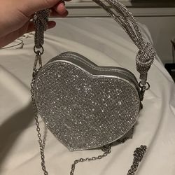 Silver Heart-Shaped Evening Bag with Chain