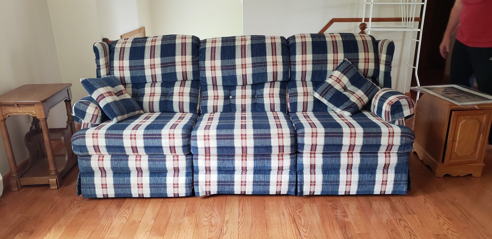 Dark Red , Ivory and Navy Blue Double Recliner Couch