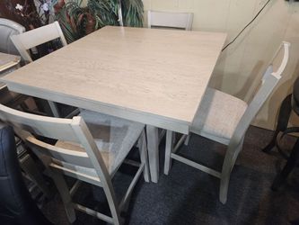 Brand new light gray 42"×42"×36"H pub high dining table + 4 gray linen chairs