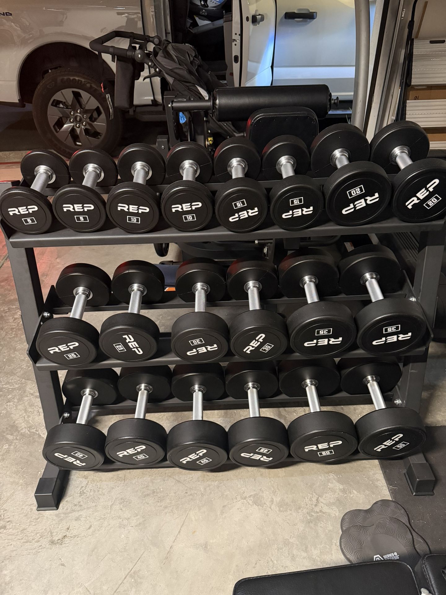 Brand New: Rep Urethane dumbbell Set And Rack 5-50