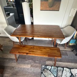 Dining Table Set for 4, w/Bench & 2 Chairs, Solidwood, Walnut   L 5 ft x W 31 1/2  in x H 29 1/2 in