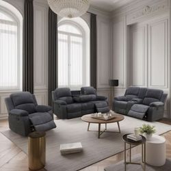 Charcoal black microfiber fully reclining couch set