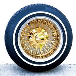All Gold Wire Wheels - Triple Plated Reverse 100 Spoke + Whitewall Tires - Set of 4 With Knockoffs !