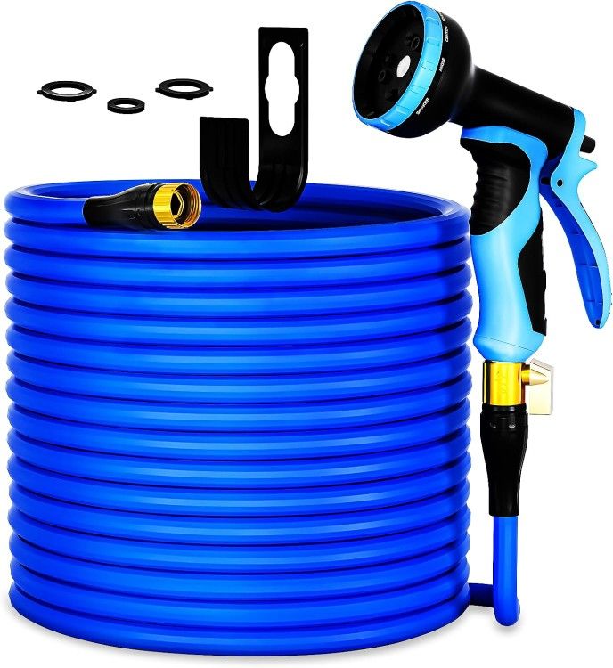 Expandable Garden Hose 100 ft, Water Hose with 10 Function Sprayer Nozzle, 3/4" Solid Brass Connector, Outdoor Lightweight Flexible Hose for Garden