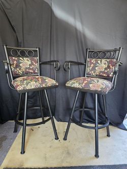 Pair Vegas Theme'd Metal Swivel Bar Stools with Arms with Game Room Tapestry Fabric