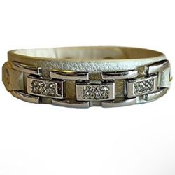 Fine Designer Runway Style White Leather Bracelet Chain Rhinestone Original Art Unisex Men Women Pebble Grain Snap Clasp Adjustable