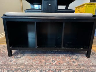 Black Wood Entryway Storage Bench with Cushion & 3 Cubbies