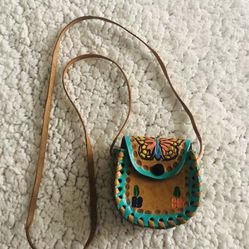 Small Adorable girls Leather Tooled  Butterfly/Floral Handmade Purse.  4”x 4” with 15” Strap. 