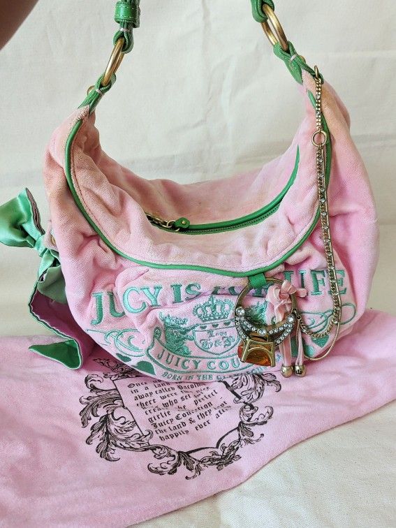 Juicy Couture 2007 Y2K Rare Vintage Light Pink Green Velour Hobo Shoulder Bag Handbag (With Original Dust Bag)