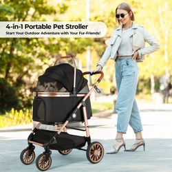 Pirecart 4-wheel Stable Pet Stroller For Medium Dogs/ Cats (55lbs Max) -3-in-1 Convertible Design With Removable Carrier & One-click Folding Mechanism