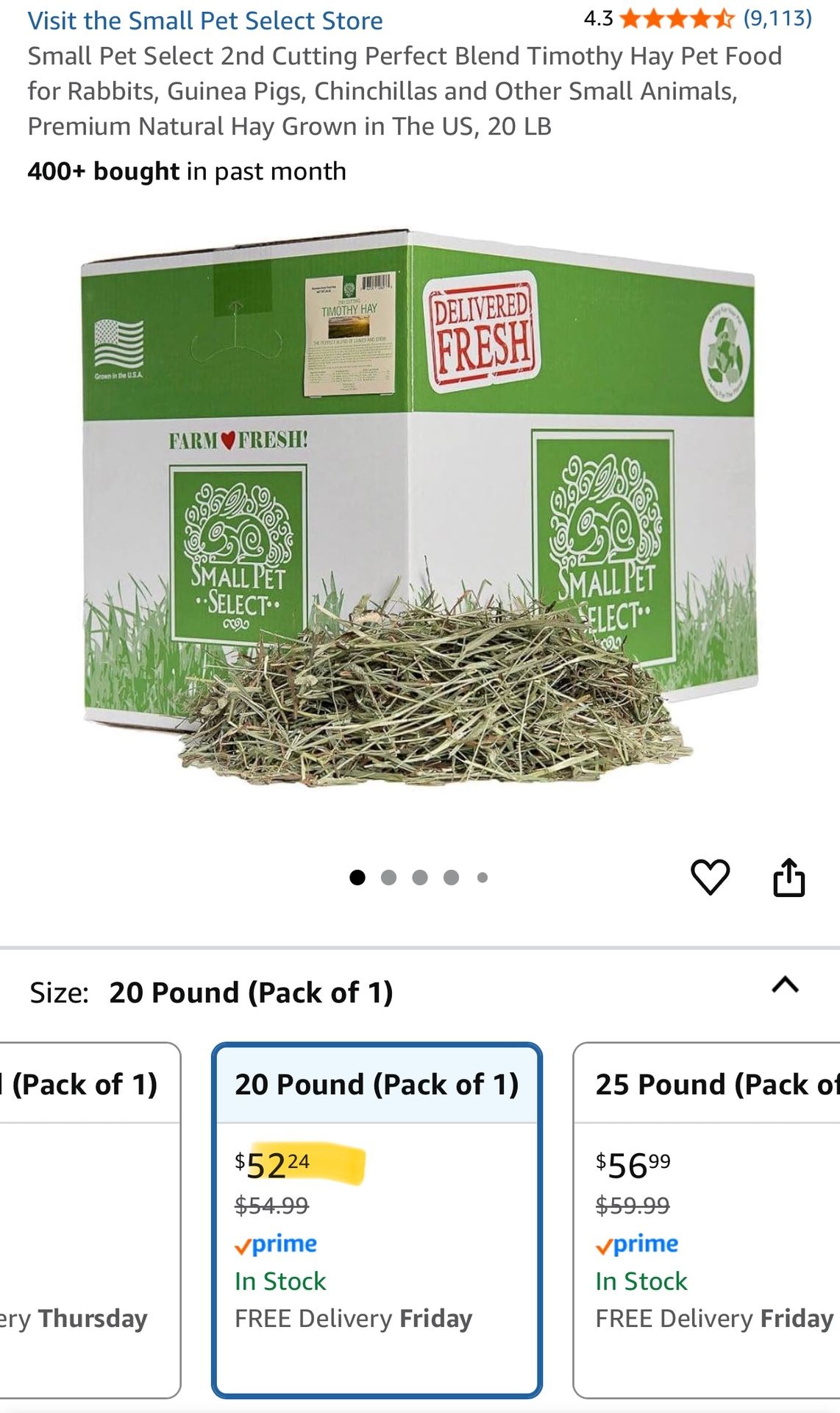 Rabbit Hay, Premium Timothy Hay, 20lbs Box