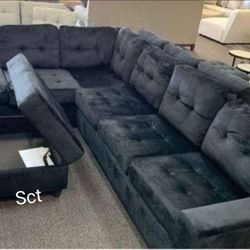 Heights Black Velvet Reversible Sectional With Storage Ottoman 