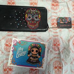 New Ay Guey Mexico Original 100% Leather wallet and Post Card,Hand Made, Stitch, Skull.
