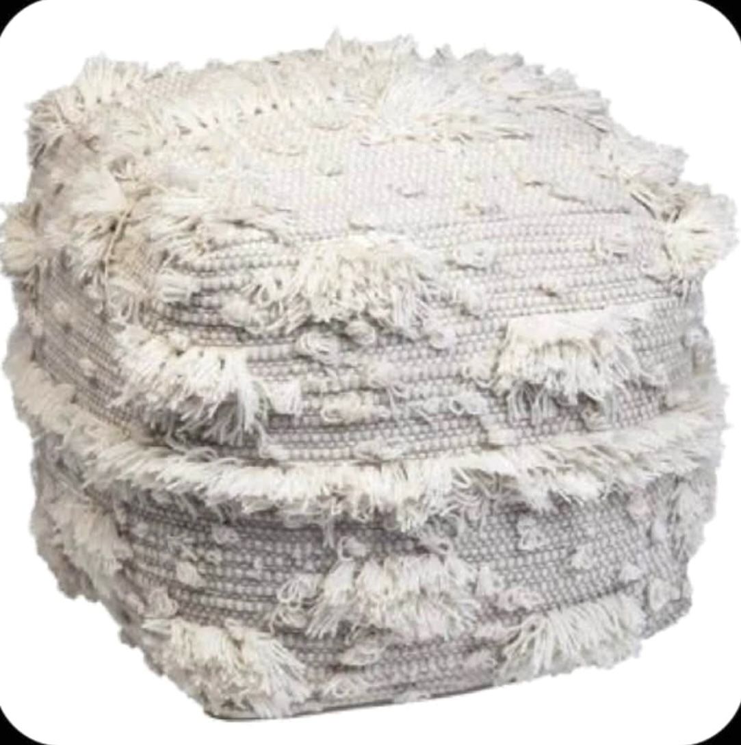 Brand New White Fringe Tapestry Pouf Ottoman