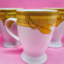 Greek Key Mugs (4) Antique China, Gold Motif RARE Medusa Luxury Versace Style