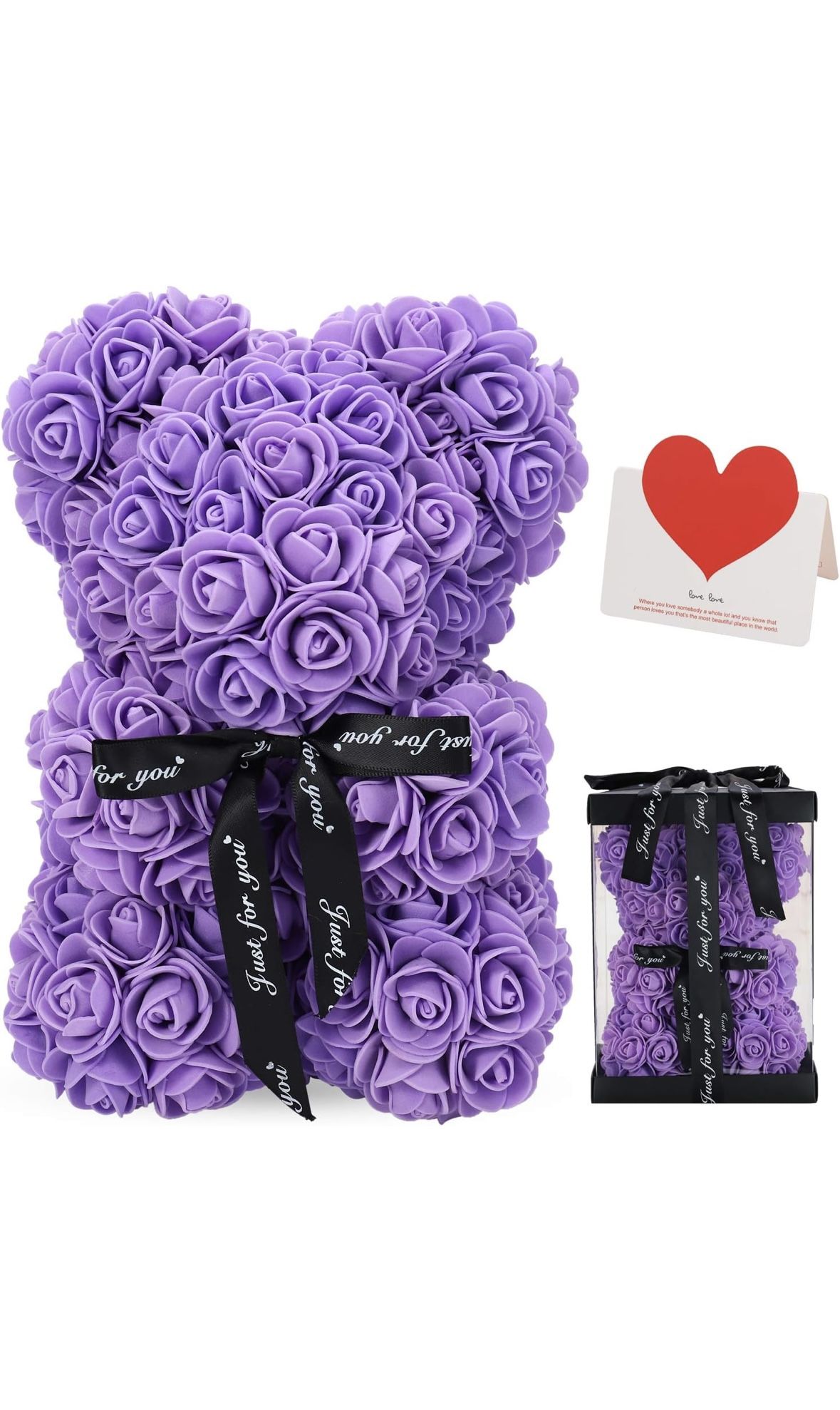 Rose Bear Flower Teddy Bear Purple 10 Inch Artificial Gift Transparent Gift Box