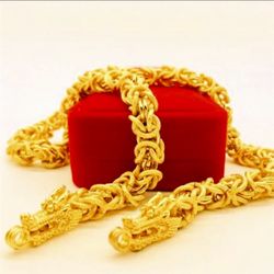 10MM Thick Mens Chain Necklace 23.6" 24 k Yellow Gold Filled Dragon Head Necklace Jewelry