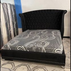 Brand New Platform Bed Frame With Soft Fabric And Crystal Tufting