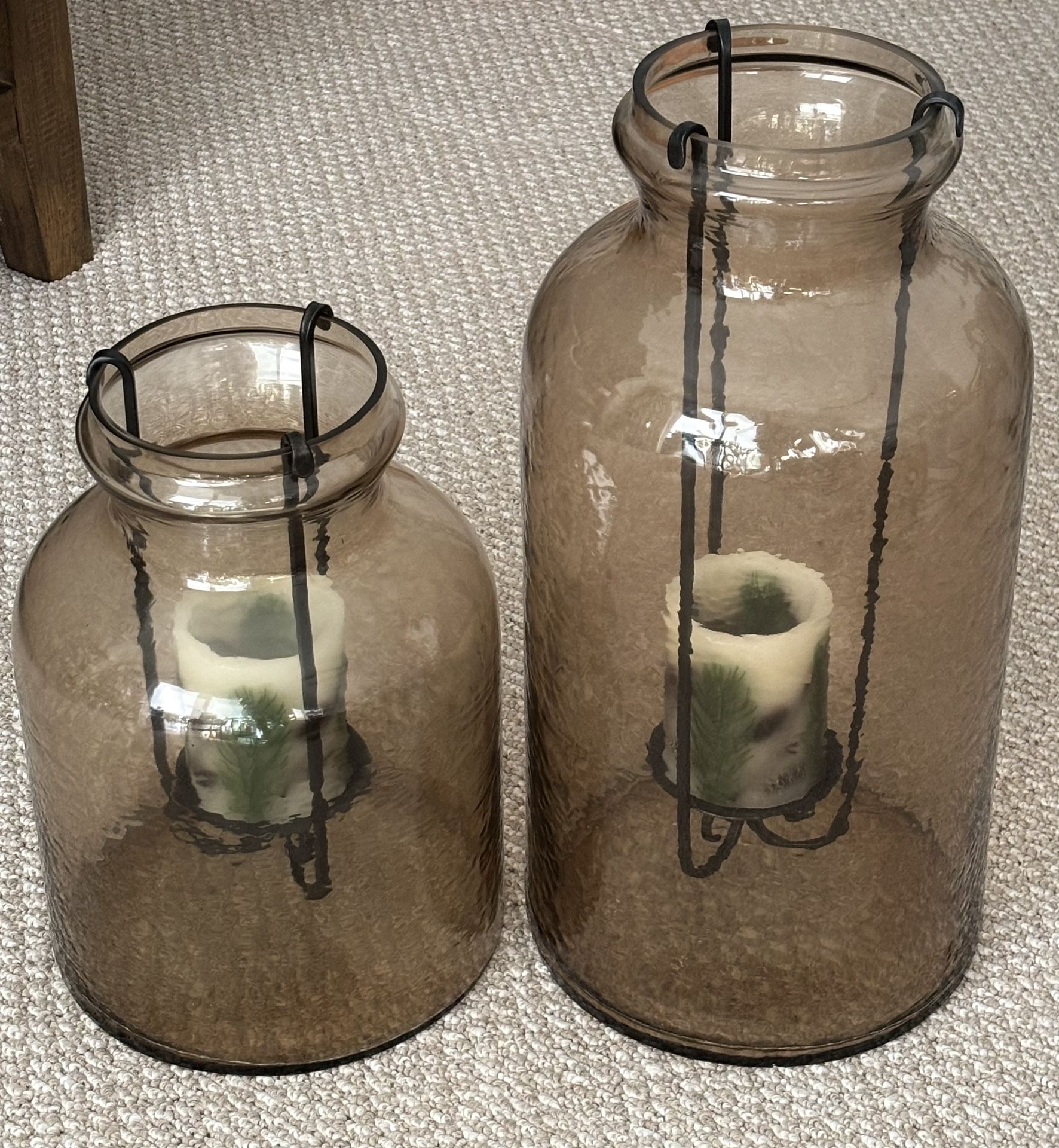 Set of Stylecraft Amber Seeded Glass Hurricane Candleholders with Flameless Candles