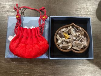 Chinese Silk Drawstring Pouch with Silver Sunflower Seeds Set