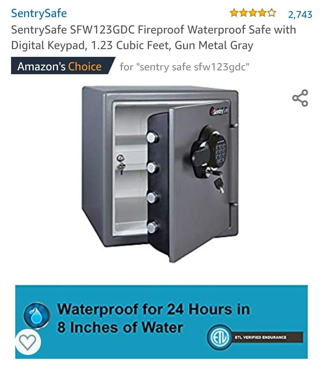 SentrySafe SFW123GDC Fireproof Waterproof Safe, 1.23 Cubic Feet, Gun