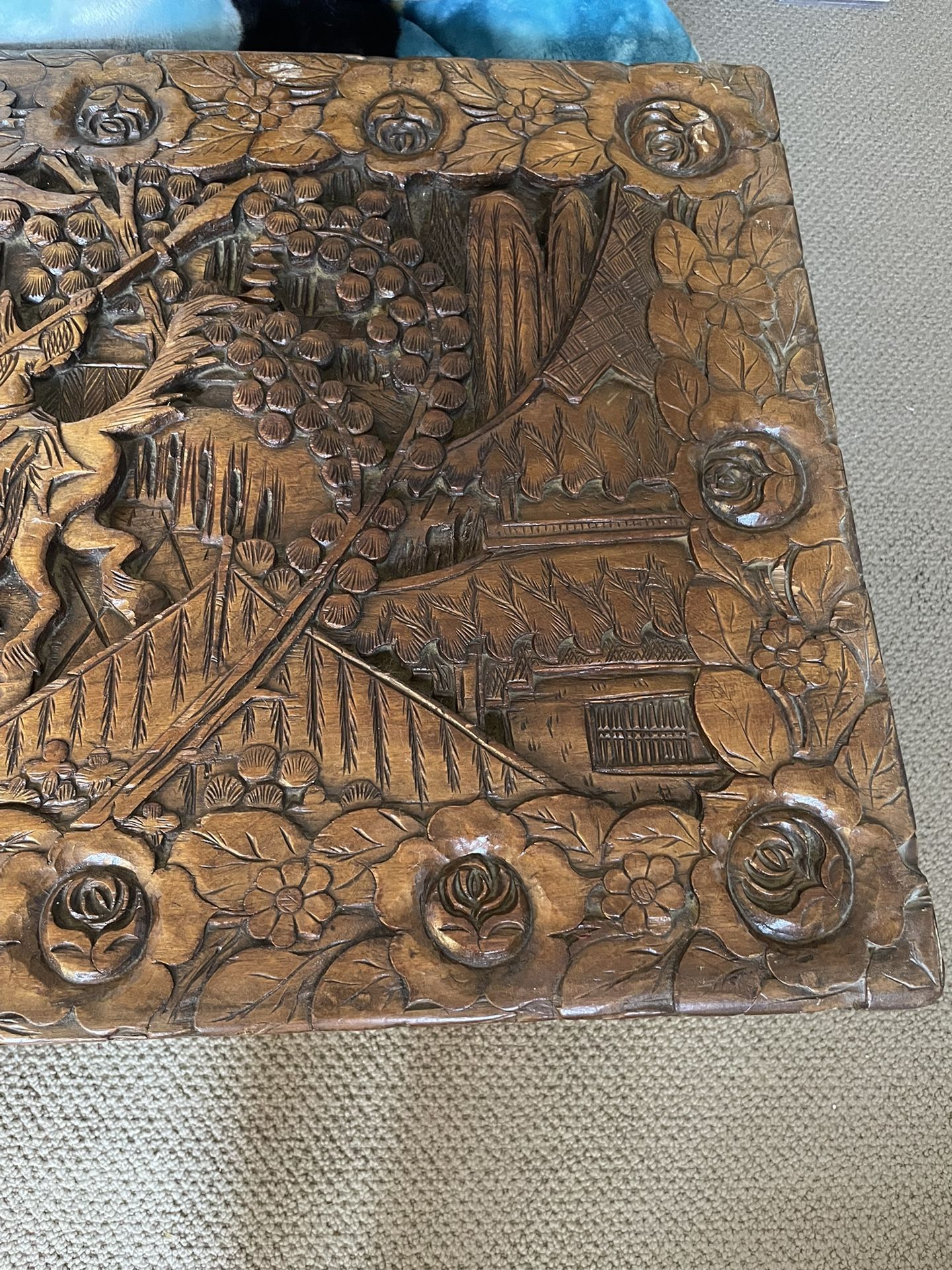 Vintage Chinese Carved Camphor Wood Hope Chest with Glass Cover 40x20x20