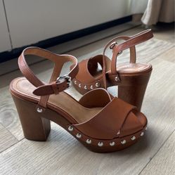 Genuine COACH Viola Leather & Wood Sandals 