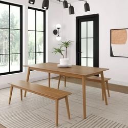 72" Mid-century Modern Solid Wood Dining Table Set with 2 Benches in Pecan