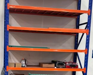 Heavy-duty industrial pallet racking, 4 levels—29 inches deep, 78 inches wide, 10 feet high.