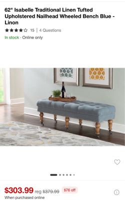 Dark Gray Linen Tufted Upholstered Nailhead Wheeled Bench - $99