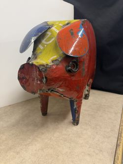 Barnyard Pig, Freestanding Garden Statue, Metal Sculpture, Recycled, Handcrafted, Imported