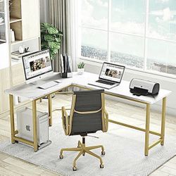 White Faux Marble Print L-Shaped Writing Desk (Gold)