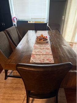 Rustic farmhouse dining table set with bench + chairs