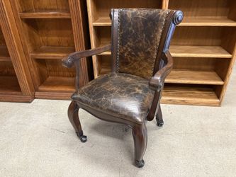 FRONTGATE Disstressed Upholstry Scroll Arm Executive Chair w/ Floral Relief Back