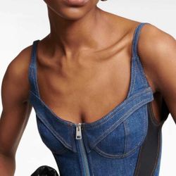 Mugler Blue And Black Denim Bodysuit