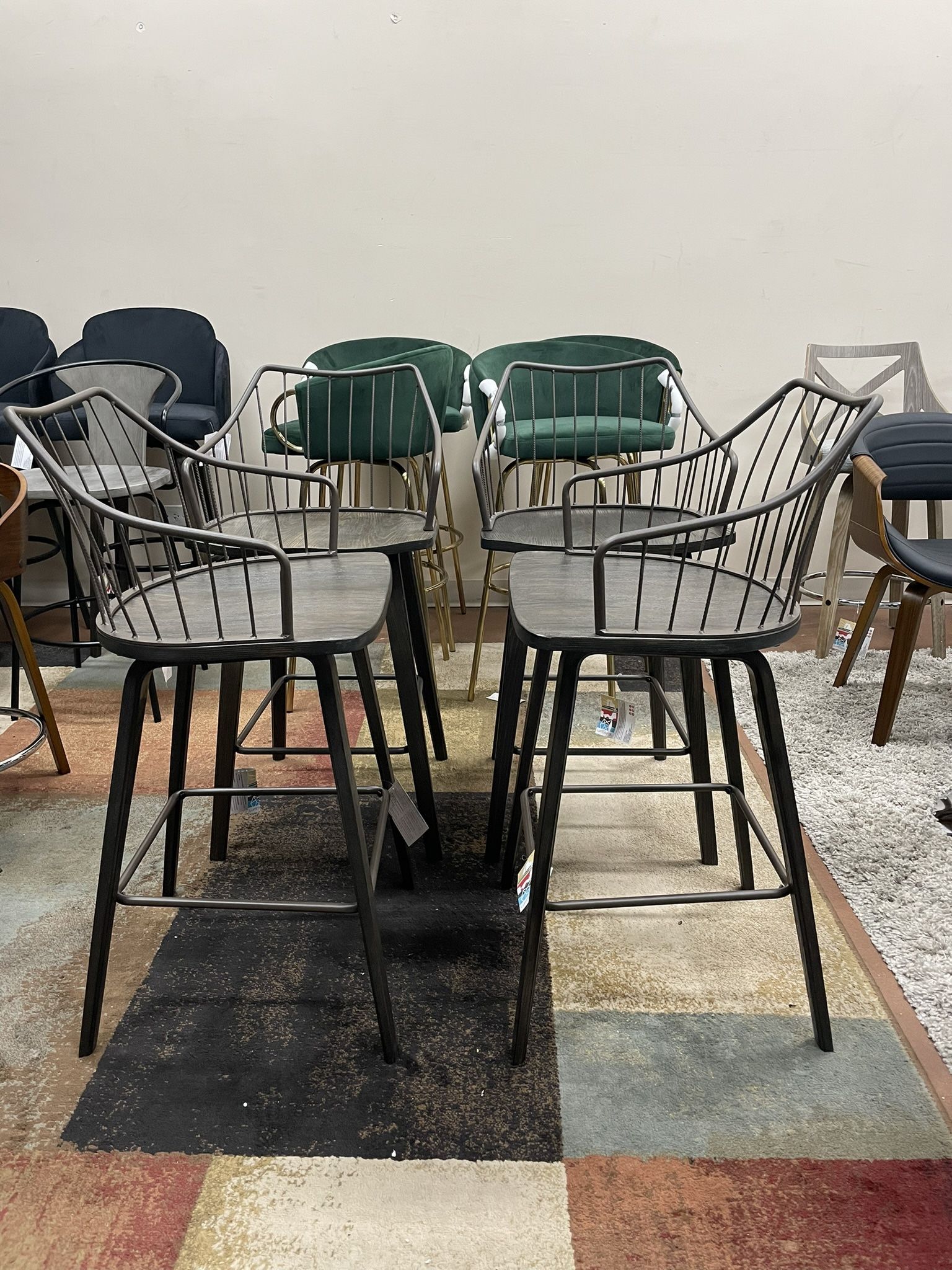 (4) Counter Stool in Dark Walnut Wood and Brown Metal