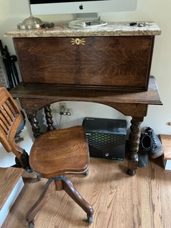 Moving Sale! Antique Oak Drop-Front Secretary Desk and Solid Wood Chair (Refinished)