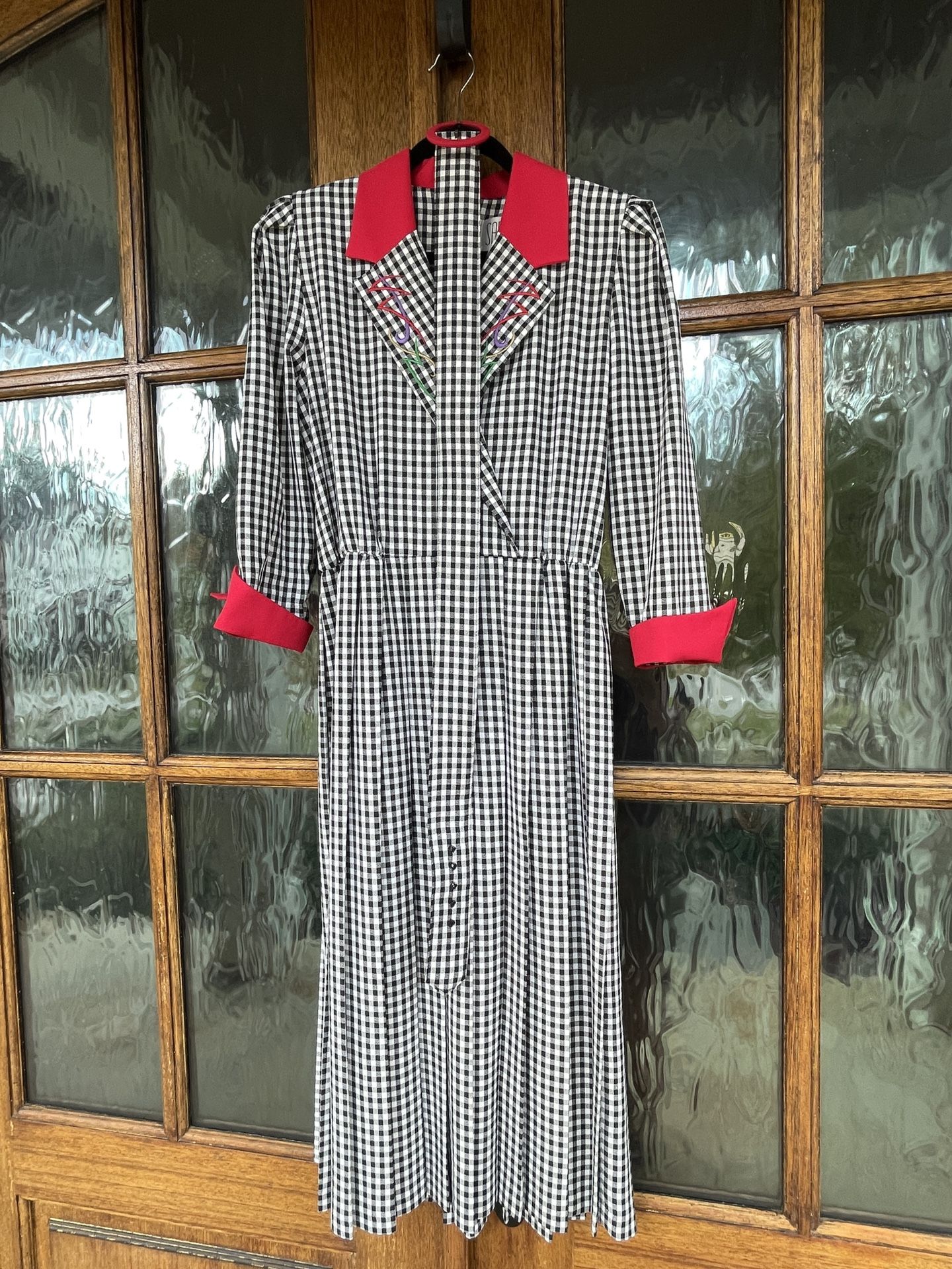 SABINO black and white gingham DRESS 80's VTG WIDE COLLAR With Belt USA 12