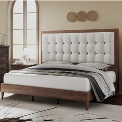 Solid Wood King Size Bed Frame 50.2" Tall Upholstered Headboard, Mid-Century Style, Stable Platform Support, No Box Spring Needed, Walnut