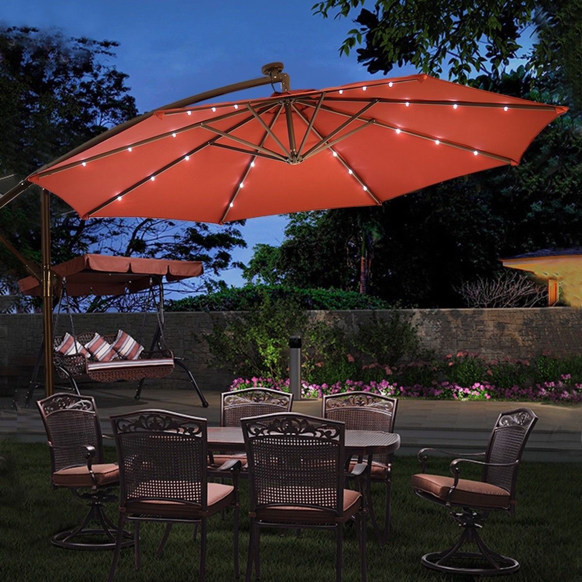 Offset Cantilever Hanging Umbrella w/ Solar Powered LED Lights