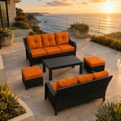 Outdoor Wicker Patio Furniture Set with Orange Cushions