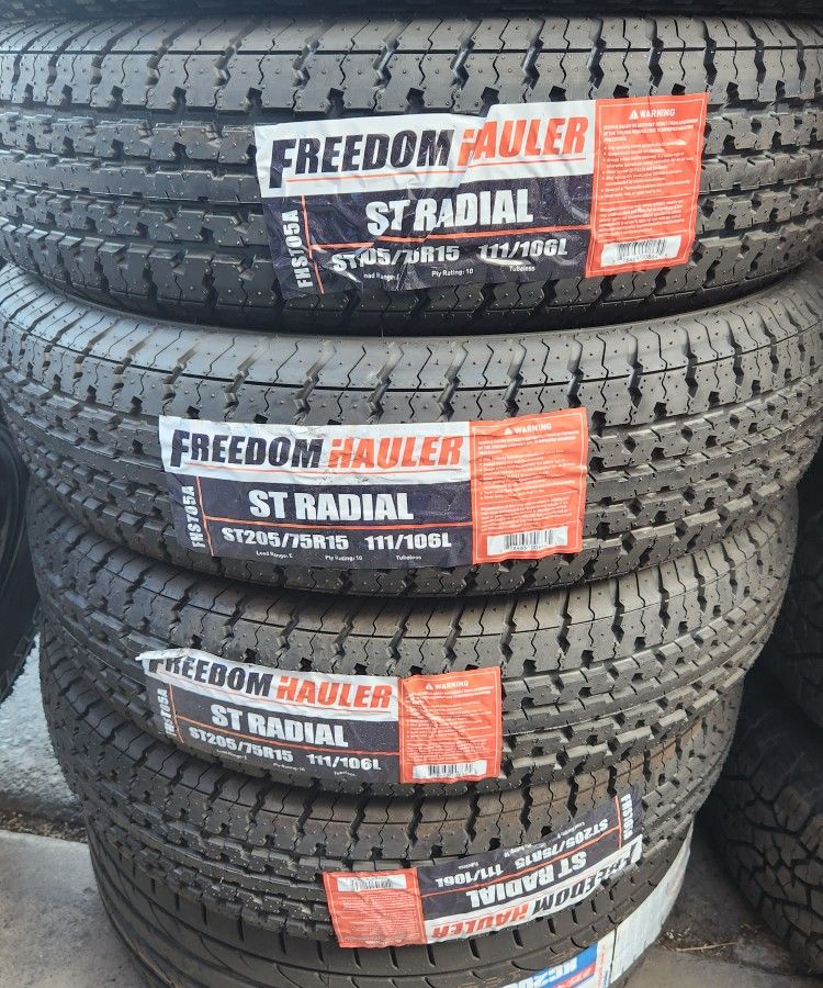 4 New ST 205-75-15 Freedom Hauler Load E 10 ply 80psi 2400 lb Trailer Tires ST205/75 R15 Inch Tire FREE Same Day Delivery To Most Inland Empire