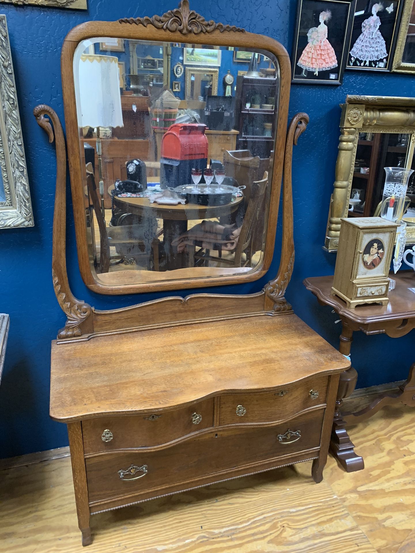 Antique Low 3 Drawer Dresser And Mirror