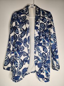NEW EXPRESS XS BLUE WHITE PAISLEY OPEN FRONT BOYFRIEND BLAZER JACKET SIZE XS